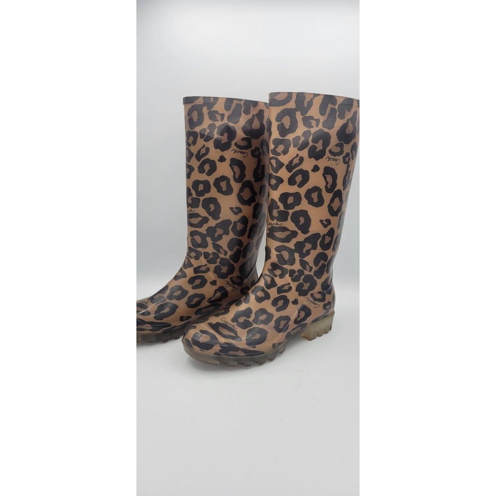 Coach Rain Boots Women 8 Leopard Print Brown Tristee Tall Rubber Lug - Picture 2 of 7